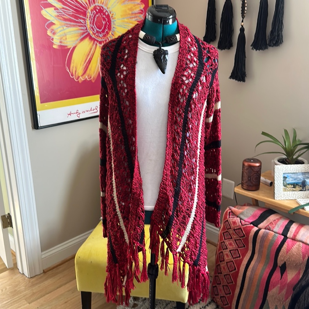 Red, Black and White Open Knit Cardigan Shawl